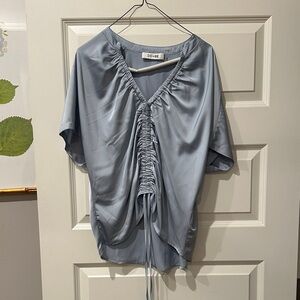 DO+BE Satin Ruched Drawcord Blouse in Dusty Blue